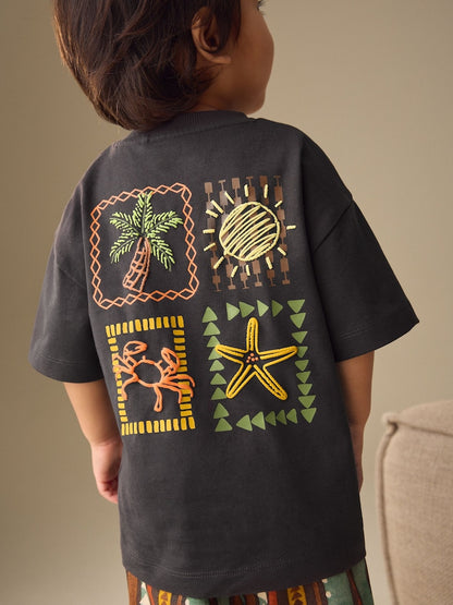 Charcoal Grey Printed Short Sleeve T-Shirt &amp; Linen Blend Shorts Set (3mths-7yrs)
