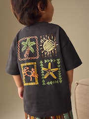 Charcoal Grey Printed Short Sleeve T-Shirt &amp; Linen Blend Shorts Set (3mths-7yrs) - Size 3-6 Months (62-68cm)