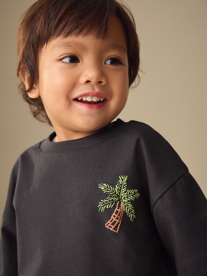 Charcoal Grey Printed Short Sleeve T-Shirt &amp; Linen Blend Shorts Set (3mths-7yrs) - Size 3-6 Months (62-68cm)