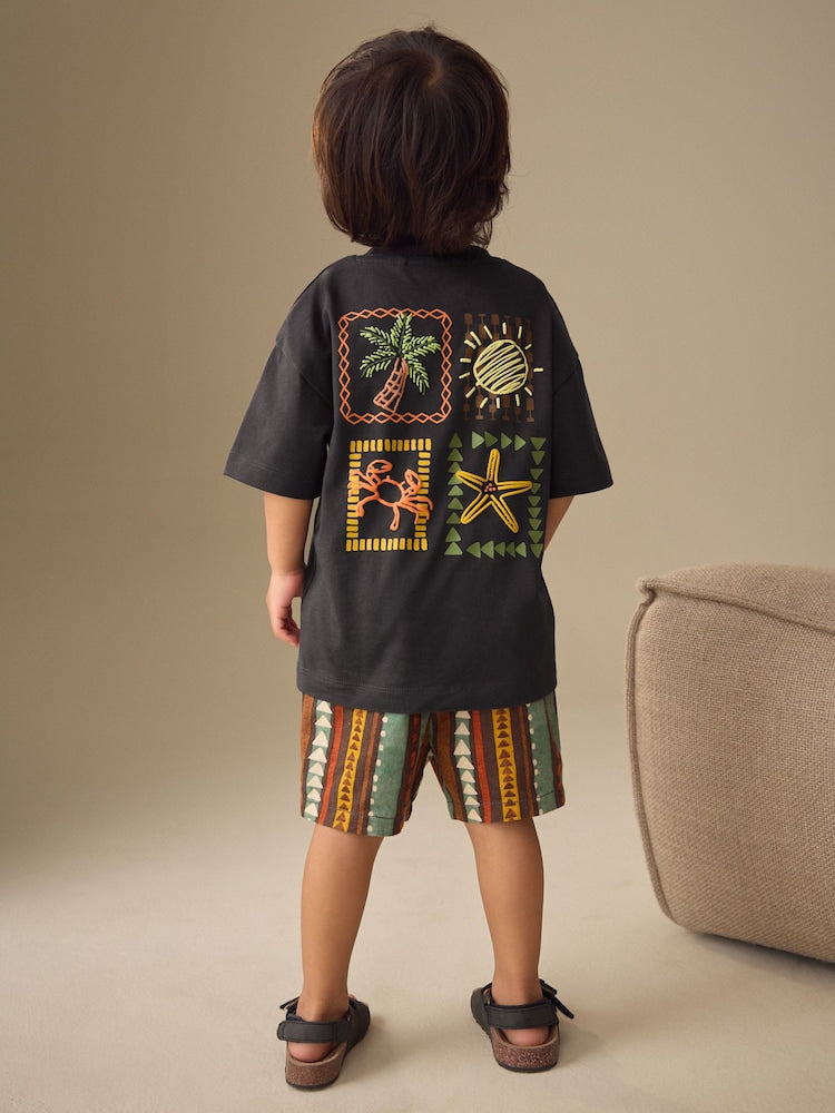 Charcoal Grey Printed Short Sleeve T-Shirt &amp; Linen Blend Shorts Set (3mths-7yrs) - Size 3-6 Months (62-68cm)