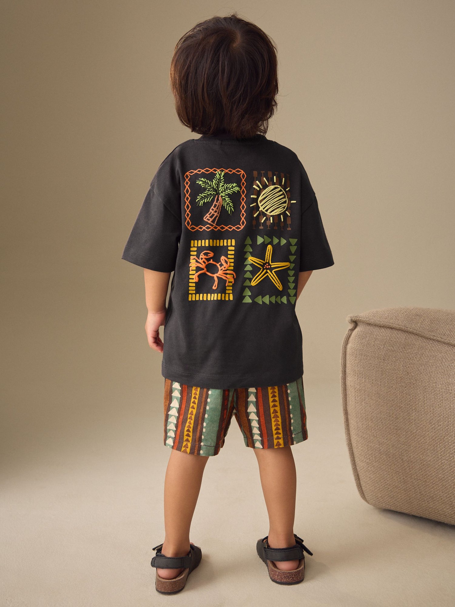 Charcoal Grey Printed Short Sleeve T-Shirt &amp; Linen Blend Shorts Set (3mths-7yrs) - Size 3-6 Months (62-68cm) - Default 1