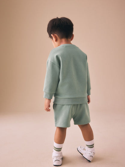 Sage Green Single Plain Crew Neck Sweatshirt and Shorts Set (3mths-7yrs)