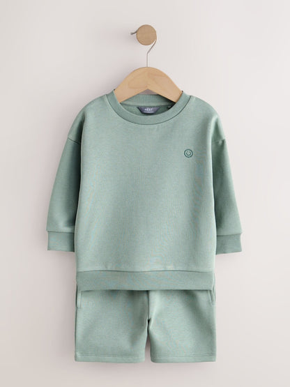 Sage Green Single Plain Crew Neck Sweatshirt and Shorts Set (3mths-7yrs)