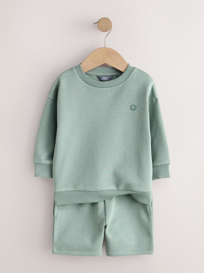 Sage Green Single Plain Crew Neck Sweatshirt and Shorts Set (3mths-7yrs)