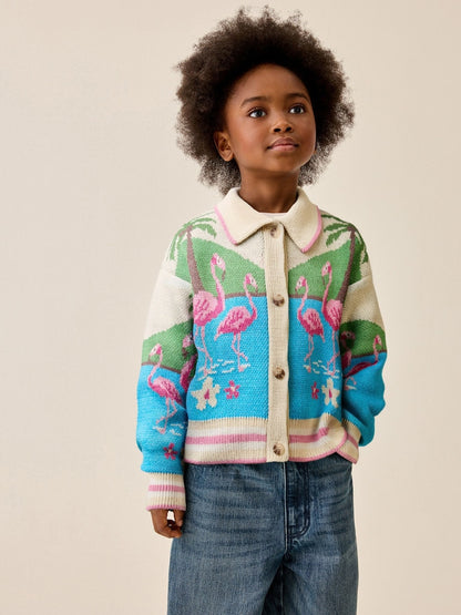 Flamingo Printed Collared Cardigan (3-16yrs) - Size 3 Years (98cm) - Flamingo Printed