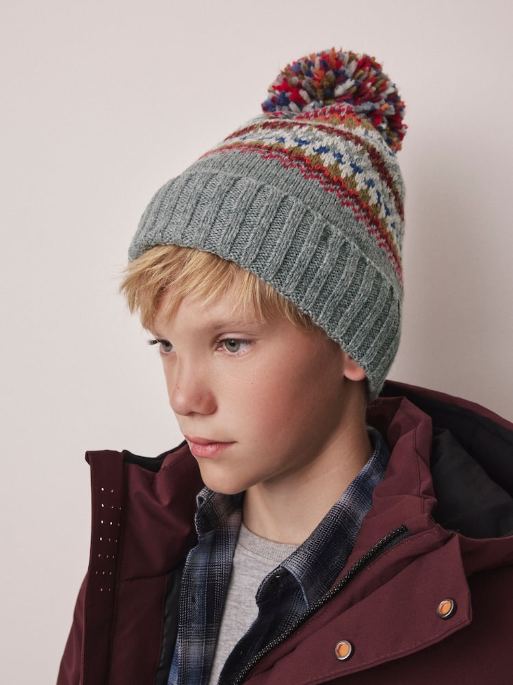 Grey Fairisle Embroidered Pom Beanie (3mths-16yrs) - Grey Fairisle / 11 - 13 Years (146 - 158cm)