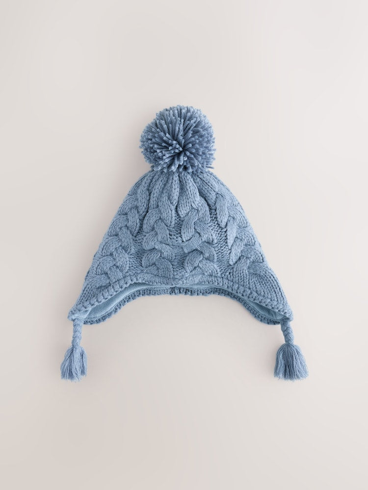 Blue Cable Pom Knitted Trapper Hat (3mths-10yrs) - Blue / 7 - 10 Years (122 - 140cm)
