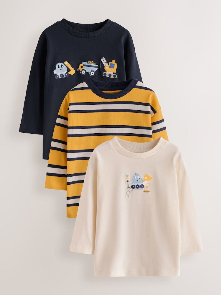 Navy Digger Embroidery Long Sleeve Graphic T-Shirts 3 Pack (3mths-7yrs) - Navy Digger Embroidery Long Sleeve Graphic / 12-18 Months (80-86cm)