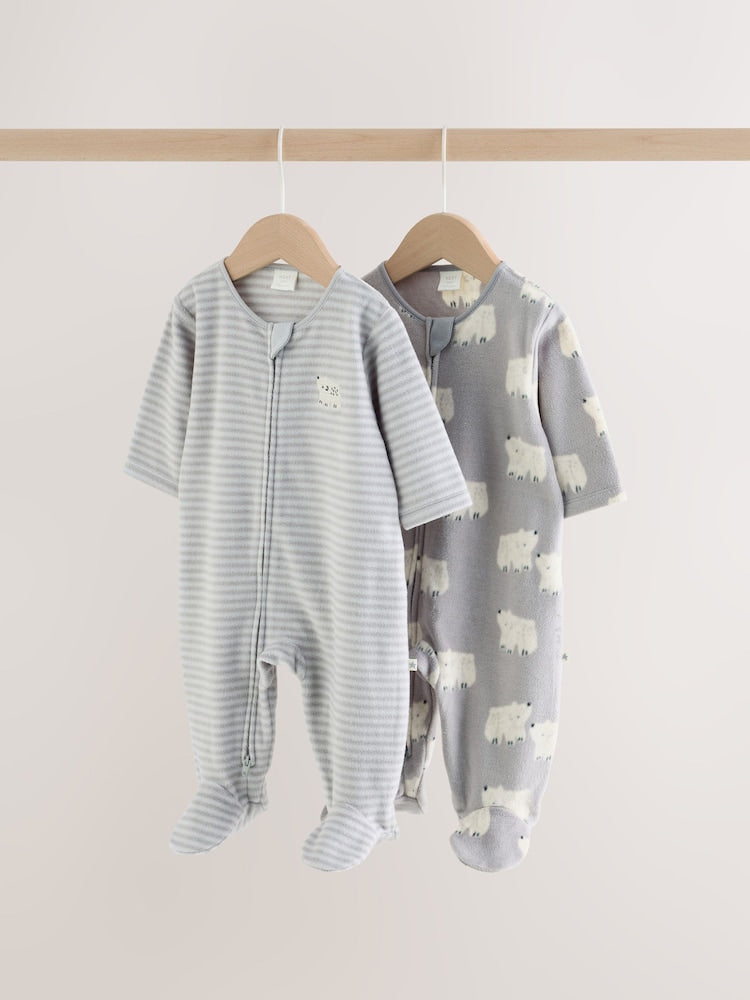 Grey Polar Bear Micro Fleece Two Way Zip Sleepsuits 2 Pack - Grey Polar Bear / 12 - 18 Months (80 - 86cm)
