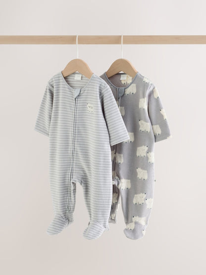 Grey Polar Bear Micro Fleece Two Way Zip Sleepsuits 2 Pack - Grey Polar Bear / 12 - 18 Months (80 - 86cm)