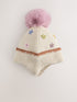 Ecru Flower Beanie Pom Hat (3mths-10yrs) - Ecru Flower / 7 - 10 Years (122 - 140cm)