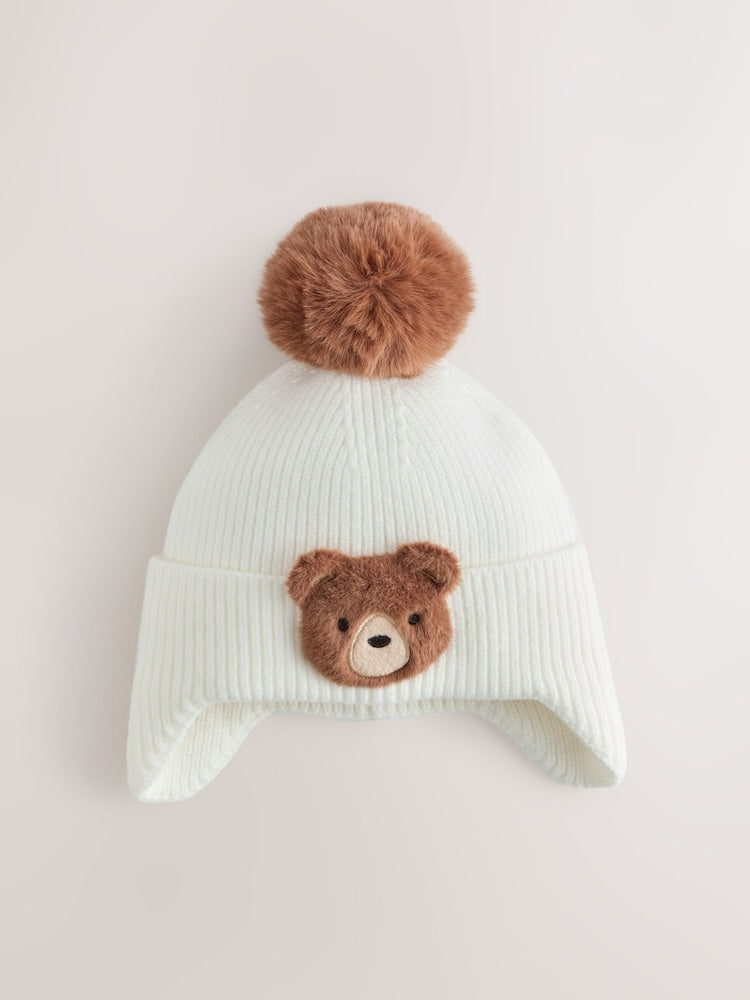 Ecru Bear Beanie Pom Hat (3mths-10yrs) - Ecru Bear / 7 - 10 Years (122 - 140cm)