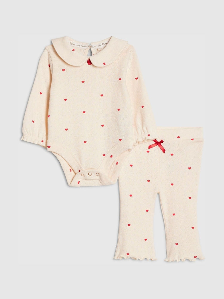 River Island Cream Heart Rib Bodysuit &amp; Legging Set - Size Up To 3 Months (50 - 62cm) - Cream