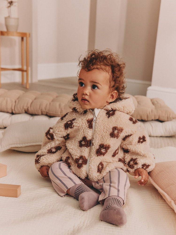 Neutral and Chocolate Floral Borg Baby Zip Thru Jacket (0mths-2yrs)