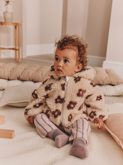 Neutral and Chocolate Floral Borg Baby Zip Thru Jacket (0mths-2yrs)