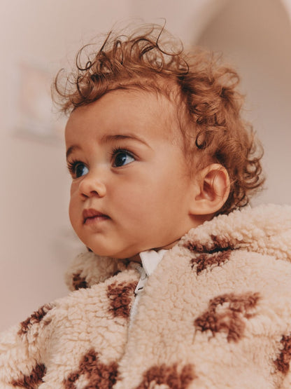 Neutral and Chocolate Floral Borg Baby Zip Thru Jacket (0mths-2yrs)
