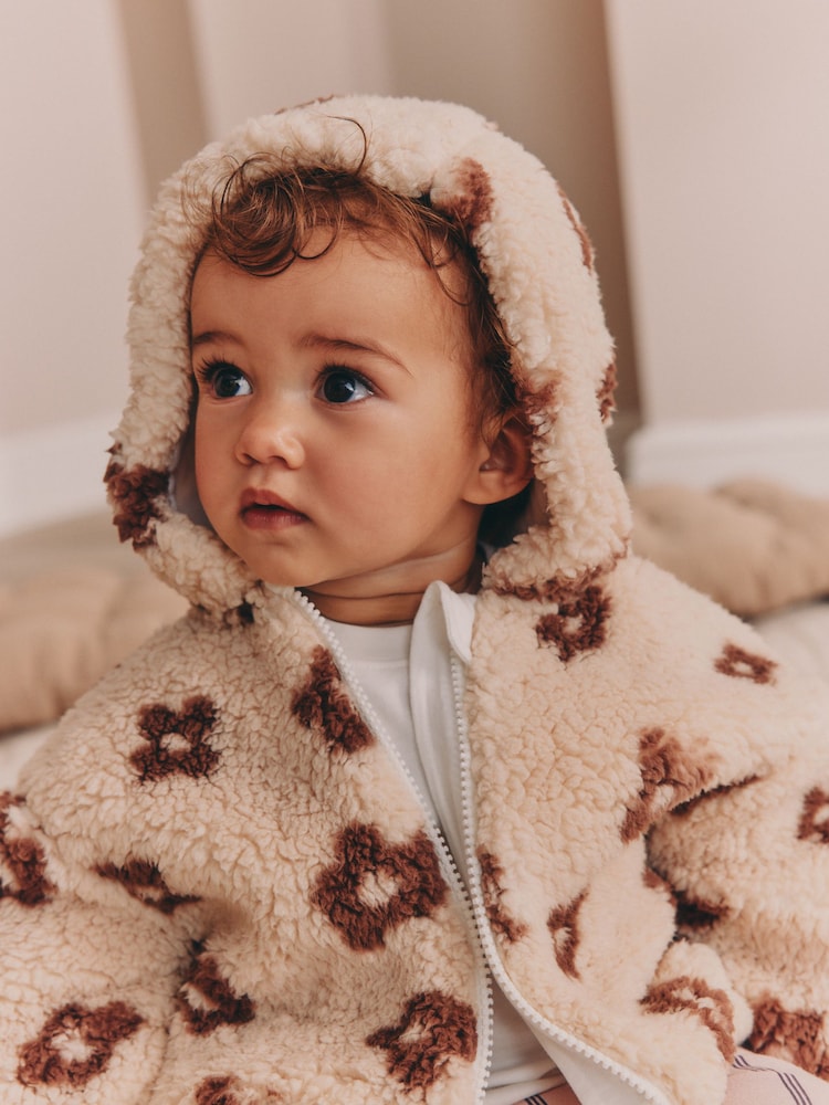Neutral and Chocolate Floral Borg Baby Zip Thru Jacket (0mths-2yrs)