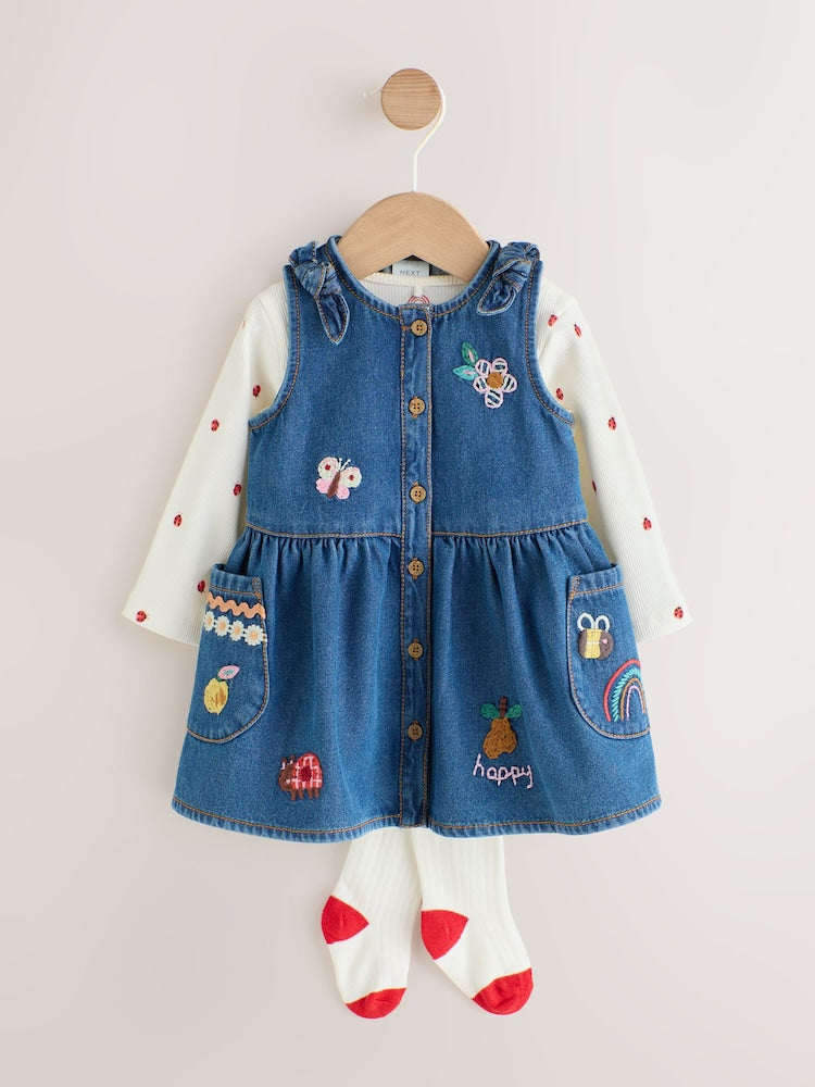 Denim Embroidered Pinafore and Bodysuit Baby 3 Piece Set With Tights (0mths-2yrs) - Denim Embroidered Pinafore and / Up to 1 Month (50-56cm)