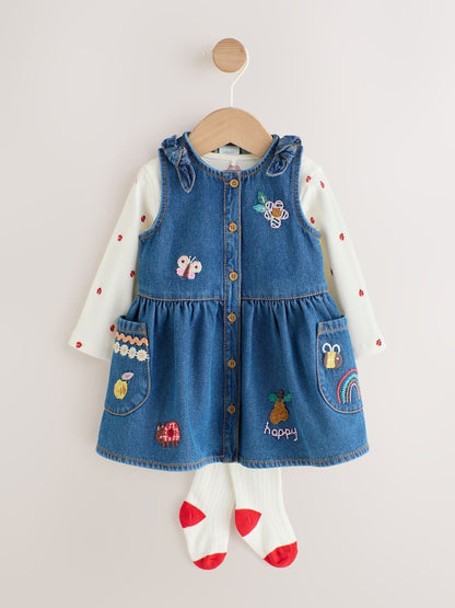 Denim Embroidered Pinafore and Bodysuit Baby 3 Piece Set With Tights (0mths-2yrs) - Denim Embroidered Pinafore and / Up to 1 Month (50-56cm)