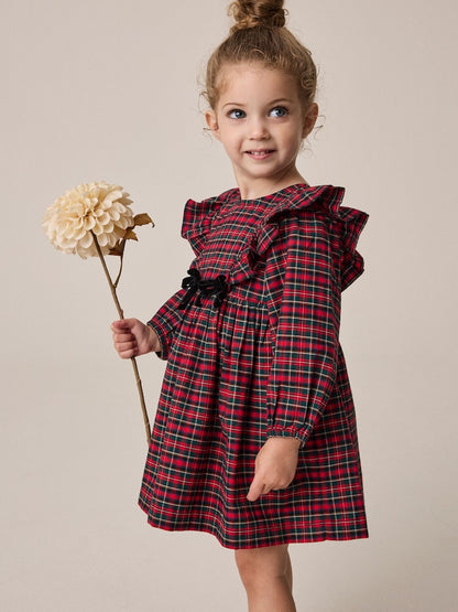 Red Velvet Bow Long Sleeve Check Dress (3mths-8yrs) - Red / 12-18 Months (80-86cm)