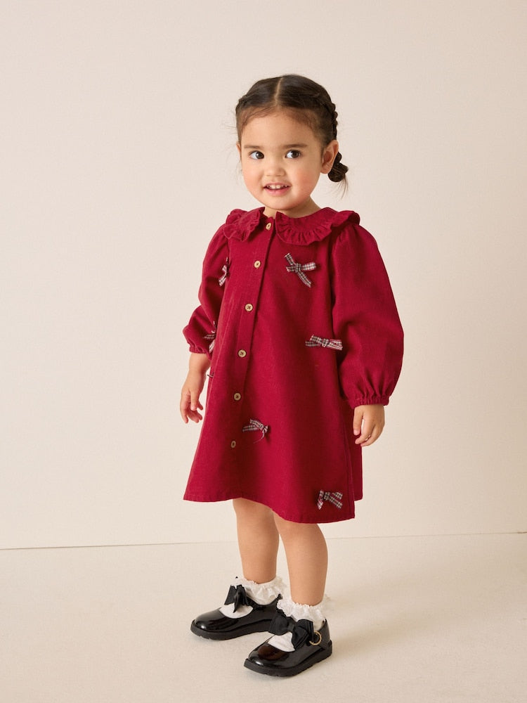 Red Cord 3D Bow Collar Dress (3mths-8yrs) - Red Cord 3D Bow Collar / 12-18 Months (80-86cm)