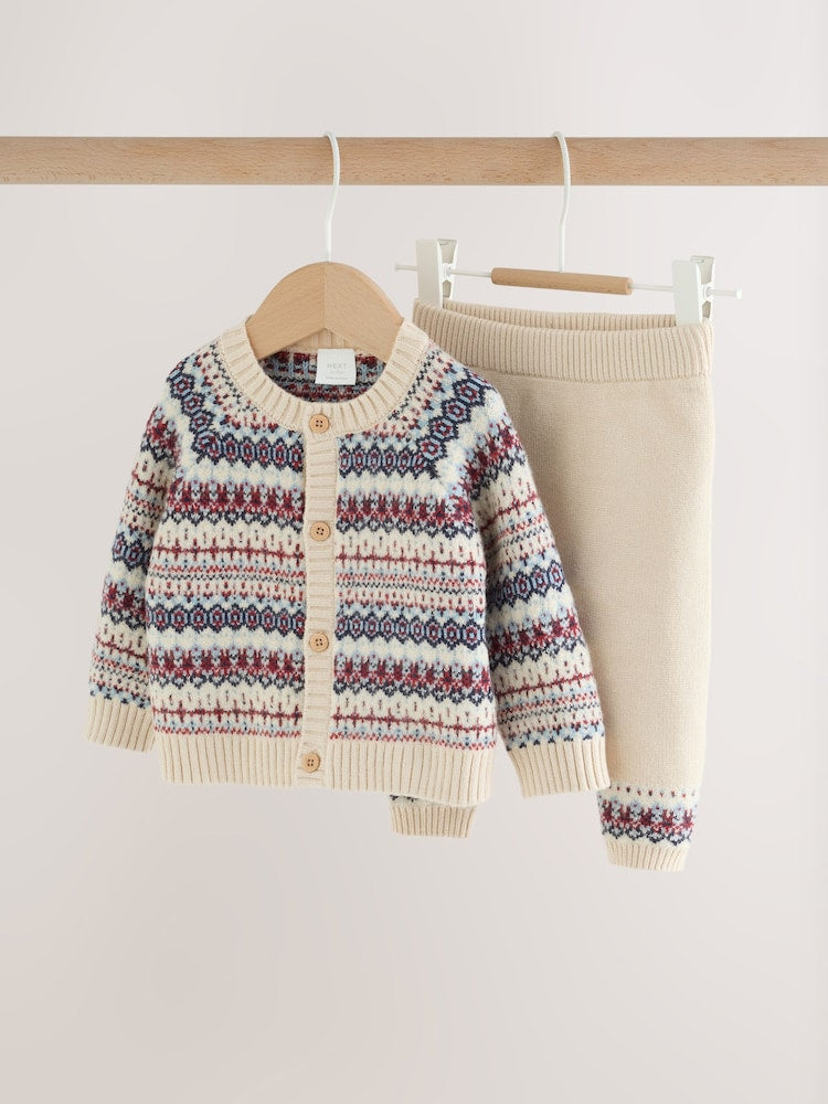 Neutral Fairisle Knitted Cardigan and Legging Baby Set (0mths-2yrs) - Neutral Fairisle / Up to 1 Month (50-56cm)