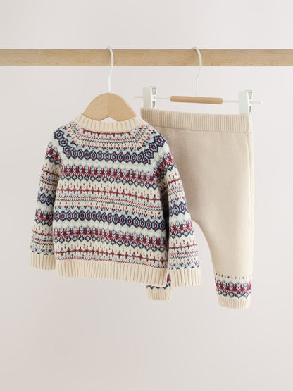 Neutral Fairisle Knitted Cardigan and Legging Baby Set (0mths-2yrs)