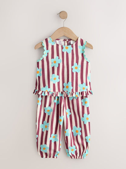 Chocolate Brown Floral Stripe Top &amp; Cuffed Trousers Set (3mths-7yrs) - Chocolate Brown Floral Stripe / 12-18 Months (80-86cm)
