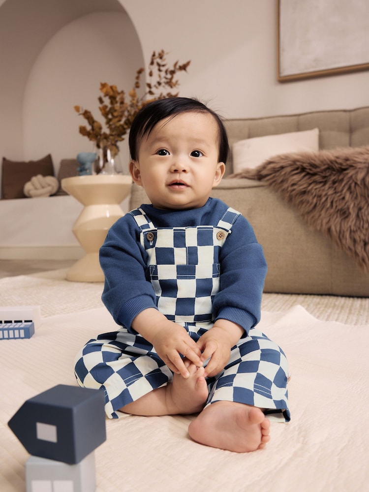 Navy Blue Checkerboard Baby Twill Dungarees and Bodysuit Set (0mths-2yrs) - Navy Blue Checkerboard / Up to 1 Month (50-56cm)