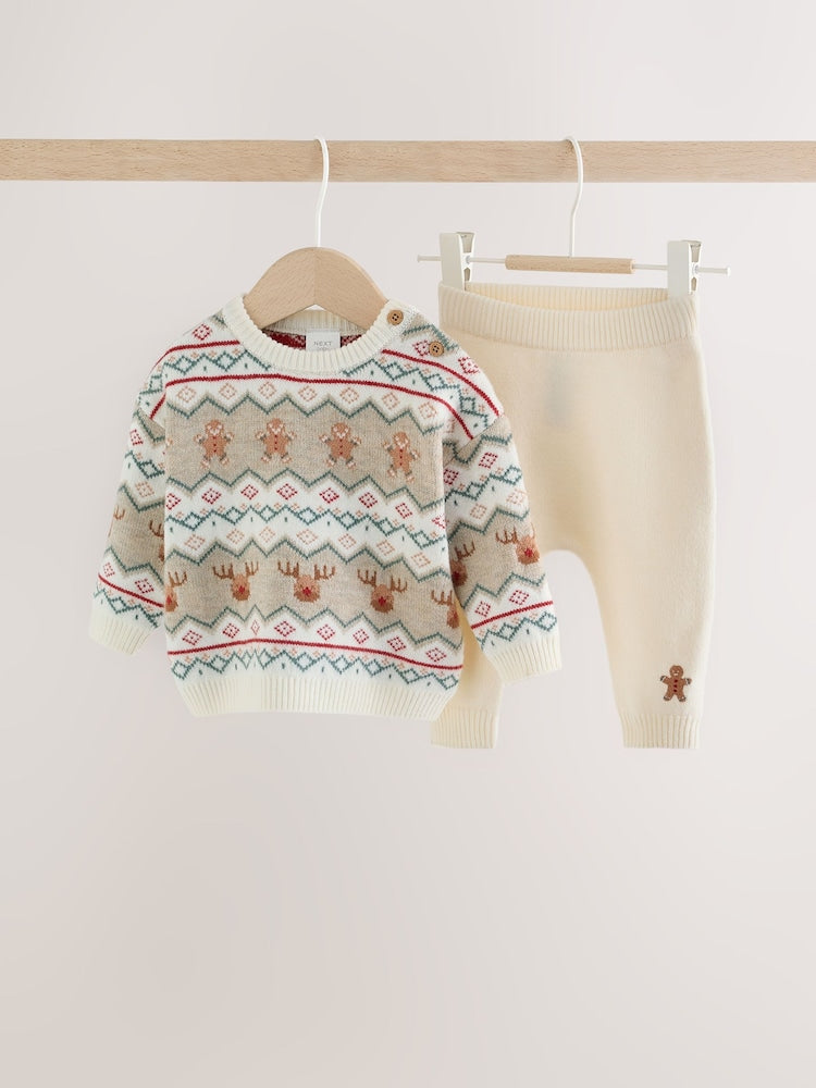Neutral Fairisle Christmas Knitted Jumper and Leggings Set (0mths-2yrs) - Neutral Fairisle / Up to 1 Month (50-56cm)