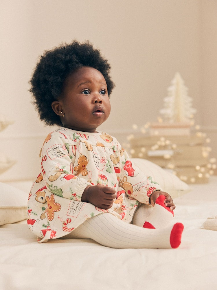 Neutral Christmas Character Baby Dress And Tights 2 Piece Set (0mths-2yrs) - Neutral Christmas Character / Up to 1 Month (56cm)