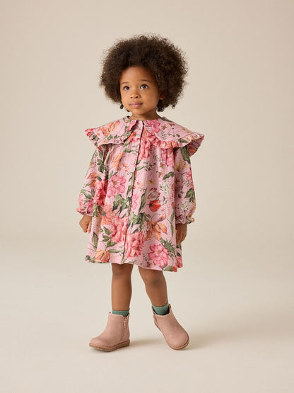 Pink Floral Long Sleeve Collar Dress (3mths-7yrs) - Pink Floral / 12-18 Months (80-86cm)