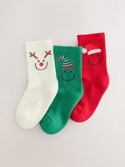 Red, Brown and Ecru Christmas Cotton Rich Cushioned Sole Ankle Socks 3 Pack - Size 0-2.5 Jnr