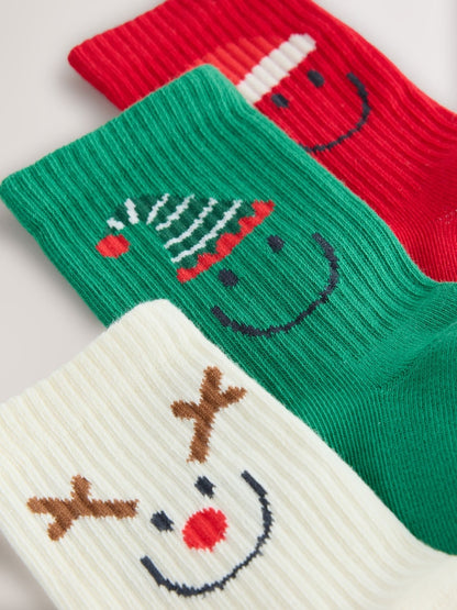 Red, Brown and Ecru Christmas Cotton Rich Cushioned Sole Ankle Socks 3 Pack - Size 0-2.5 Jnr