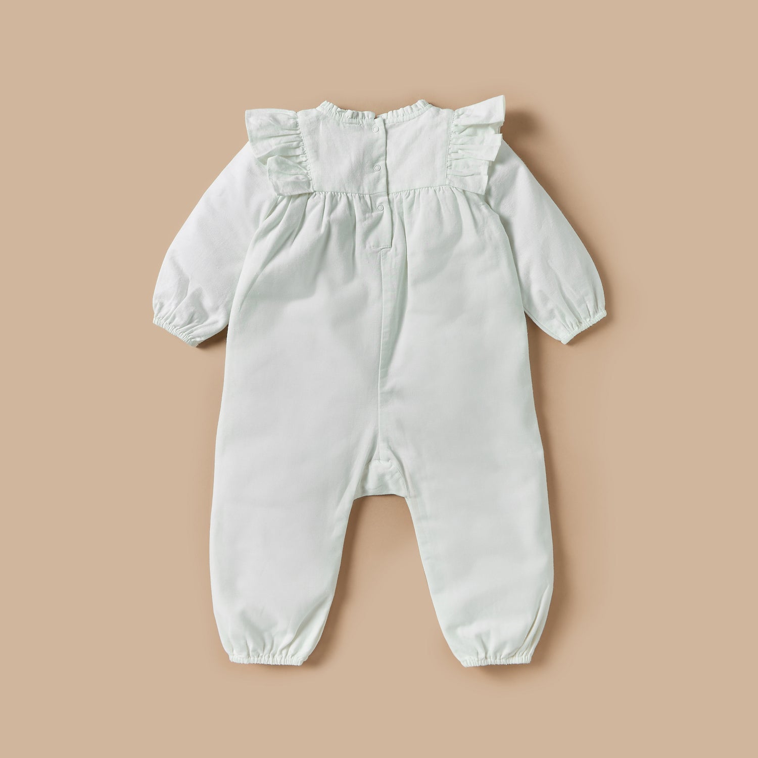 Giggles Textured Romper with Long Sleeves and Ruffle Detail