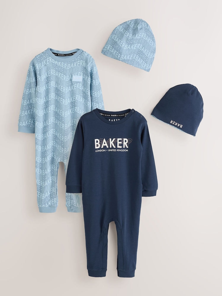 Baker by Ted Baker Blue 2 Pack Romper and Hat Set - Blue / Up To 3 Months (50 - 62cm)