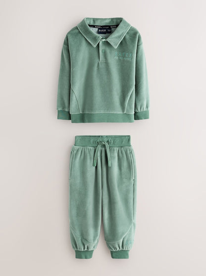 Baker by Ted Baker Green Velour Long Sleeve Rugby Top And Joggers Set - Green / Up To 3 Months (50 - 62cm)