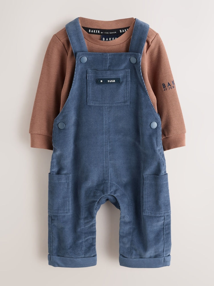 Baker by Ted Baker Blue/Brown 2 Piece Cord Dungaree and Brown Textured T-Shirts Set - Blue/Brown / Up To 3 Months (50 - 62cm)