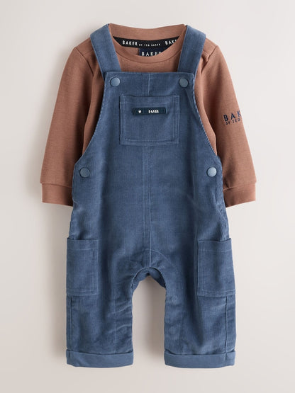 Baker by Ted Baker Blue/Brown 2 Piece Cord Dungaree and Brown Textured T-Shirts Set - Blue/Brown / Up To 3 Months (50 - 62cm)