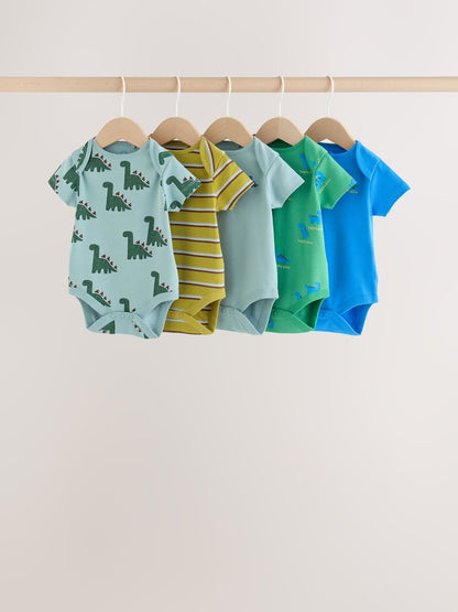 Green Dinosaur Short Sleeve Baby Bodysuits 5 Pack - Green Dinosaur / Up to 1 Month (50-56cm)