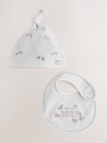 White Born in 2027 Hat and Bib Set (0-12mths) - white / Up To 3 Months (50 - 62cm)