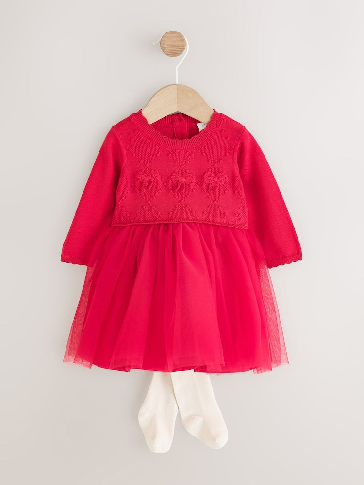 Red Twofer Knit &amp; Mesh Baby Dress &amp; Tights Set 2 Piece (0mths-2yrs) - Red / 12 - 18 Months (80 - 86cm)