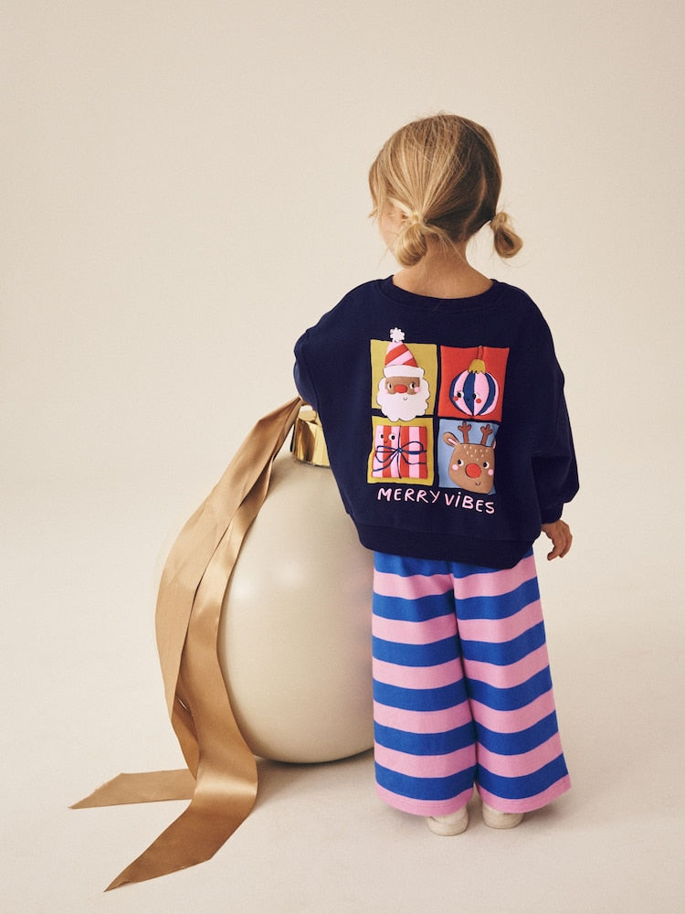 Navy/Purple Christmas Santa Sweatshirt and Wide Leg Joggers Set (3mths-7yrs) - Navy/Purple Christmas Santa / 12 - 18 Months (80 - 86cm)