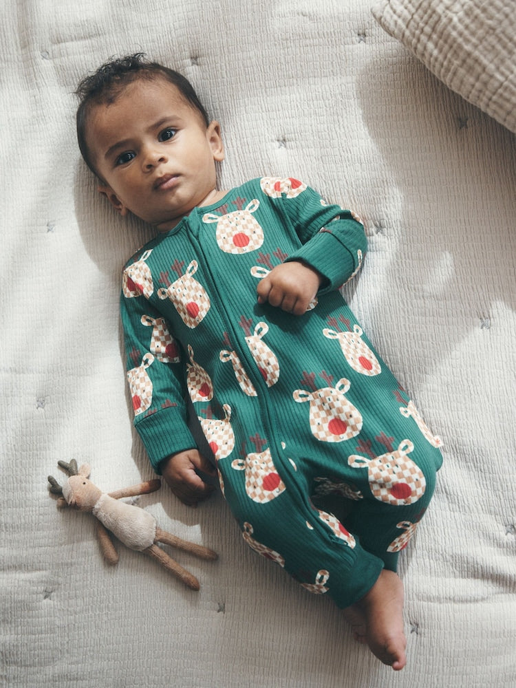 Green Reindeer Christmas Two Way Zip Sleepsuit (0mths-3yrs) - Green Reindeer / 12 - 18 Months (80 - 86cm)