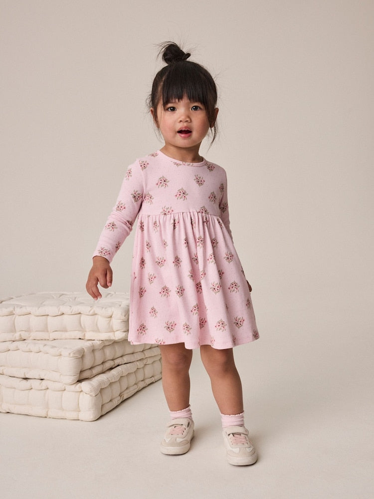 Pink Floral Long Sleeve Ribbed Dress (3mths-7yrs) - Pink Floral Long Sleeve Ribbed / 12-18 Months (80-86cm)