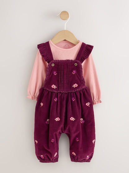 Burgundy Floral Cord Baby Dungarees And Bodysuit Set 2 Piece (0mths-2yrs) - Burgundy Floral / 12 - 18 Months (80 - 86cm)