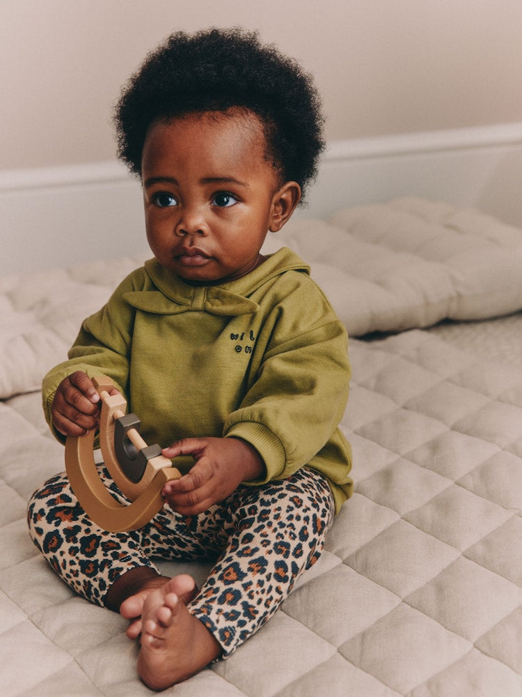 Green / Leopard Baby Sweat Top And Wide Leg Leggings 2 Piece Set (0mths-2yrs)