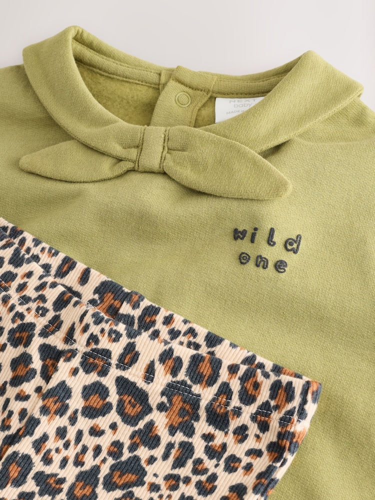 Green / Leopard Baby Sweat Top And Wide Leg Leggings 2 Piece Set (0mths-2yrs)