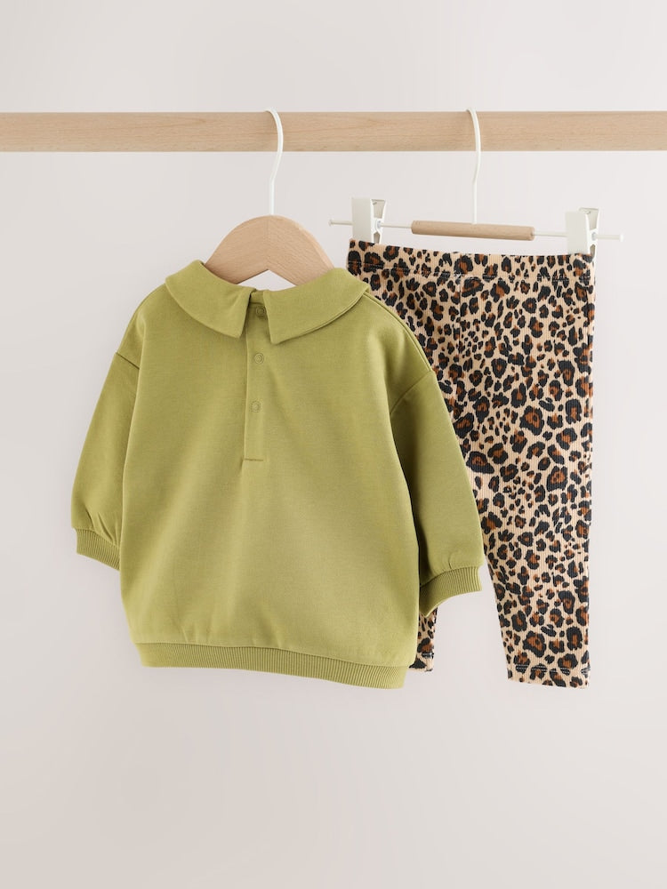 Green / Leopard Baby Sweat Top And Wide Leg Leggings 2 Piece Set (0mths-2yrs)
