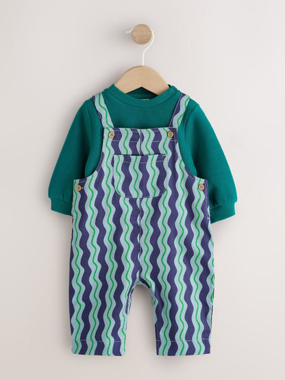 Green/Blue Wavy Stripe Baby Twill Dungarees and Bodysuit Set (0mths-2yrs) - Green/Blue Wavy Stripe / 12 - 18 Months (80 - 86cm)